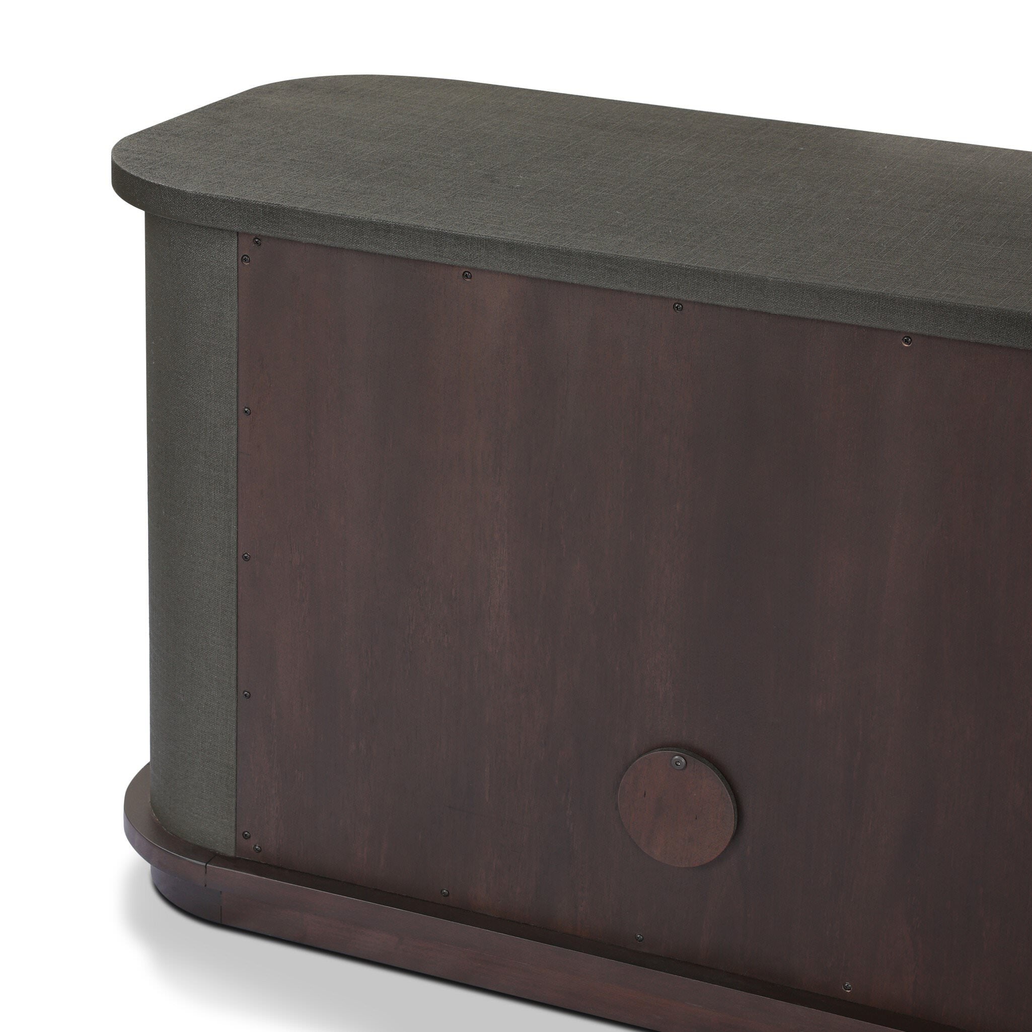 Four Hands Berlin Media Console in Dark Green Lacquered Linen on white background at Addison West.