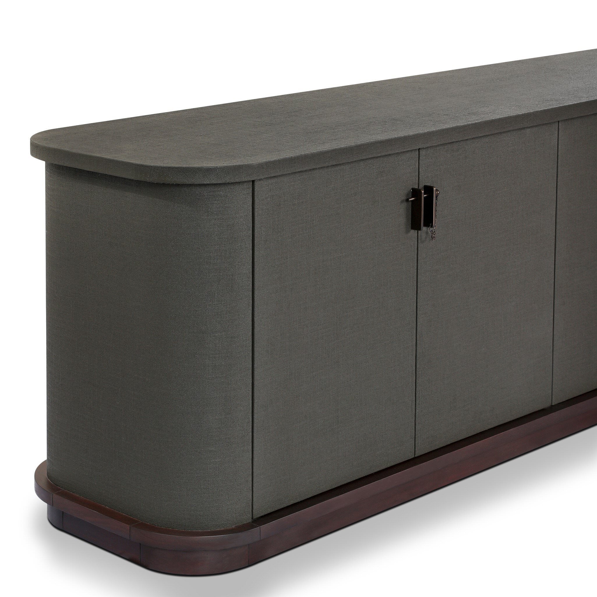 Four Hands Berlin Media Console in Dark Green Lacquered Linen on white background at Addison West.