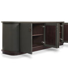 Four Hands Berlin Media Console in Dark Green Lacquered Linen on white background at Addison West.