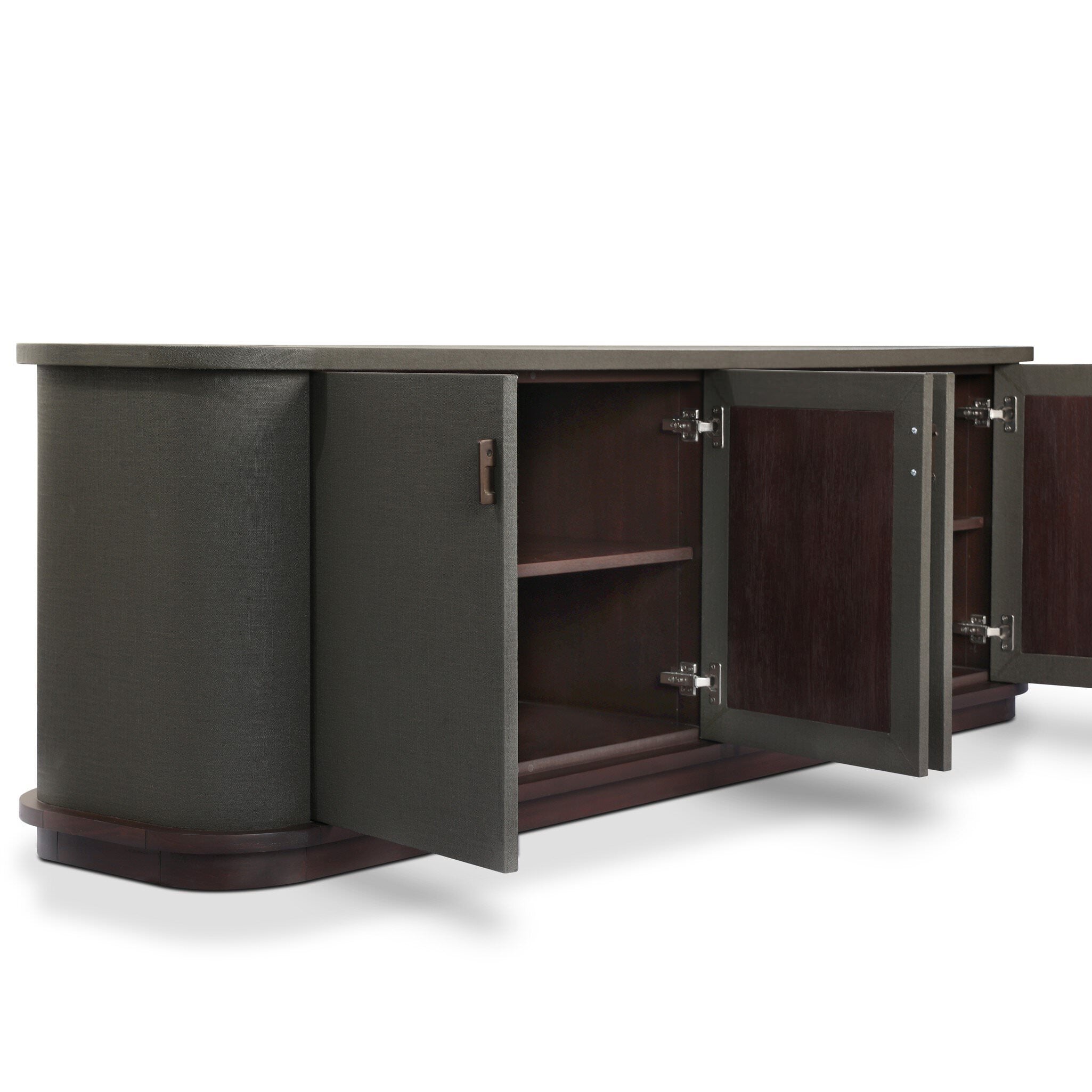 Four Hands Berlin Media Console in Dark Green Lacquered Linen on white background at Addison West.