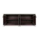 Four Hands Berlin Media Console in Dark Green Lacquered Linen on white background at Addison West.