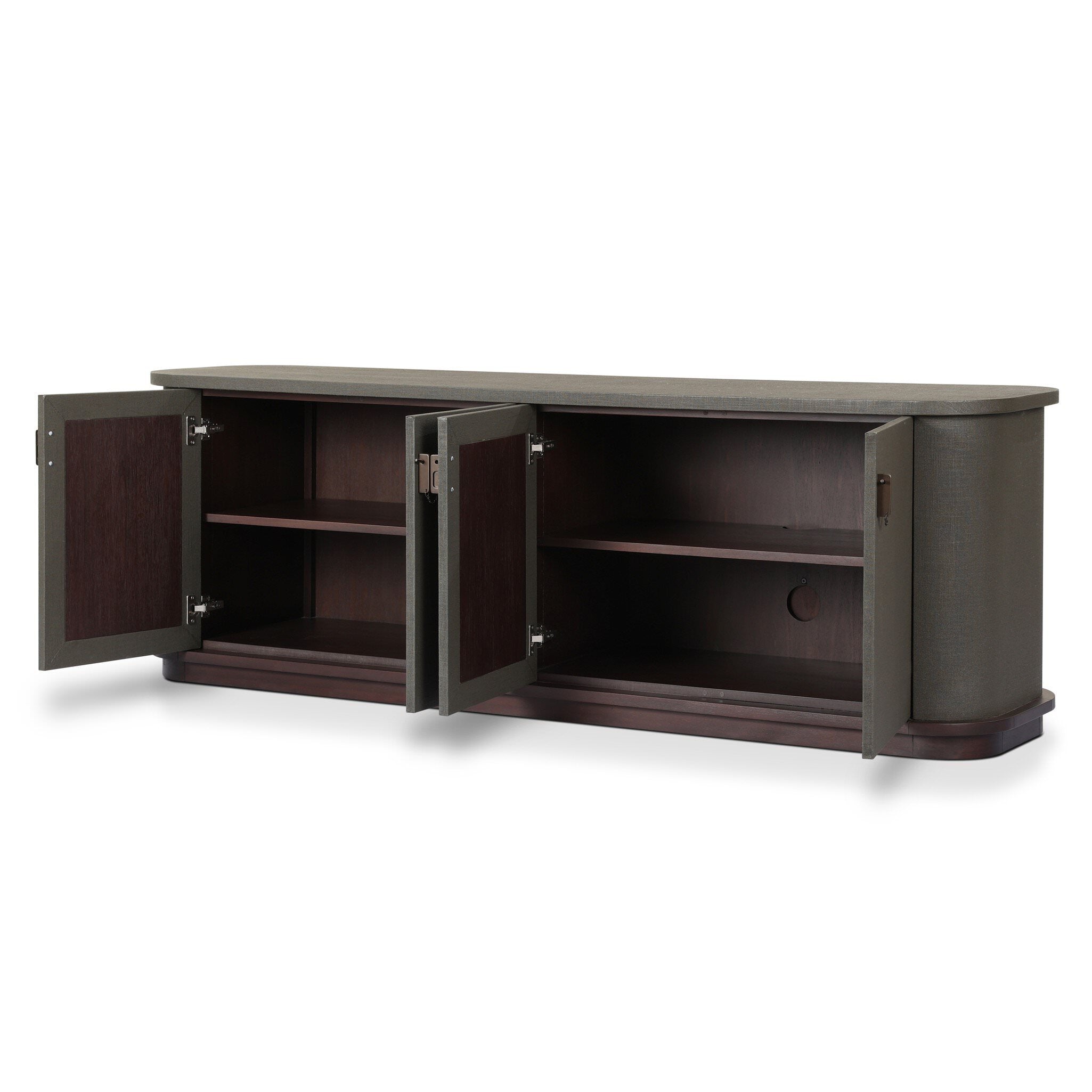 Four Hands Berlin Media Console in Dark Green Lacquered Linen on white background at Addison West.