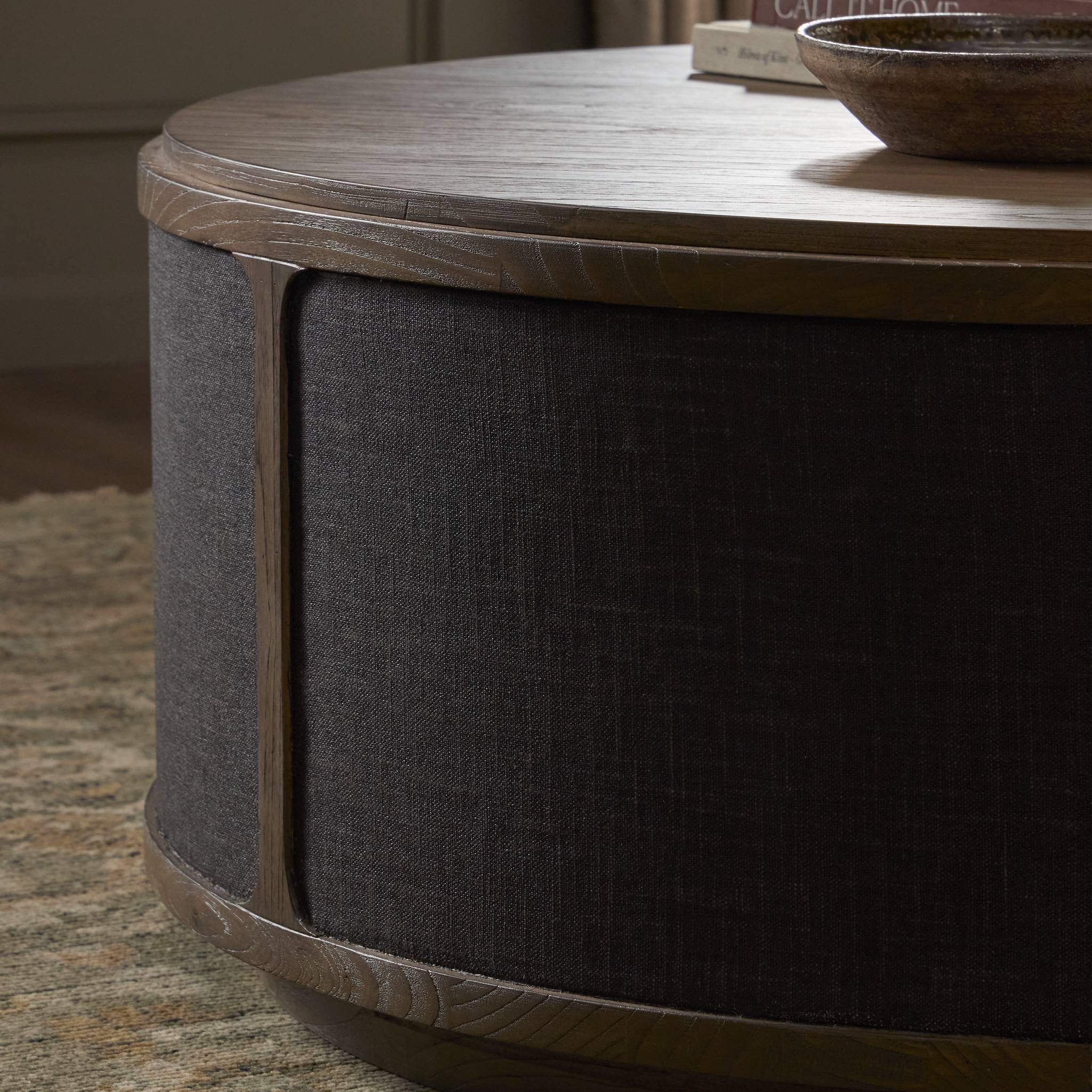 Four Hands Bertie Coffee Table Stained Saddle Brown Sungkai Veneer in living room at Addison West.