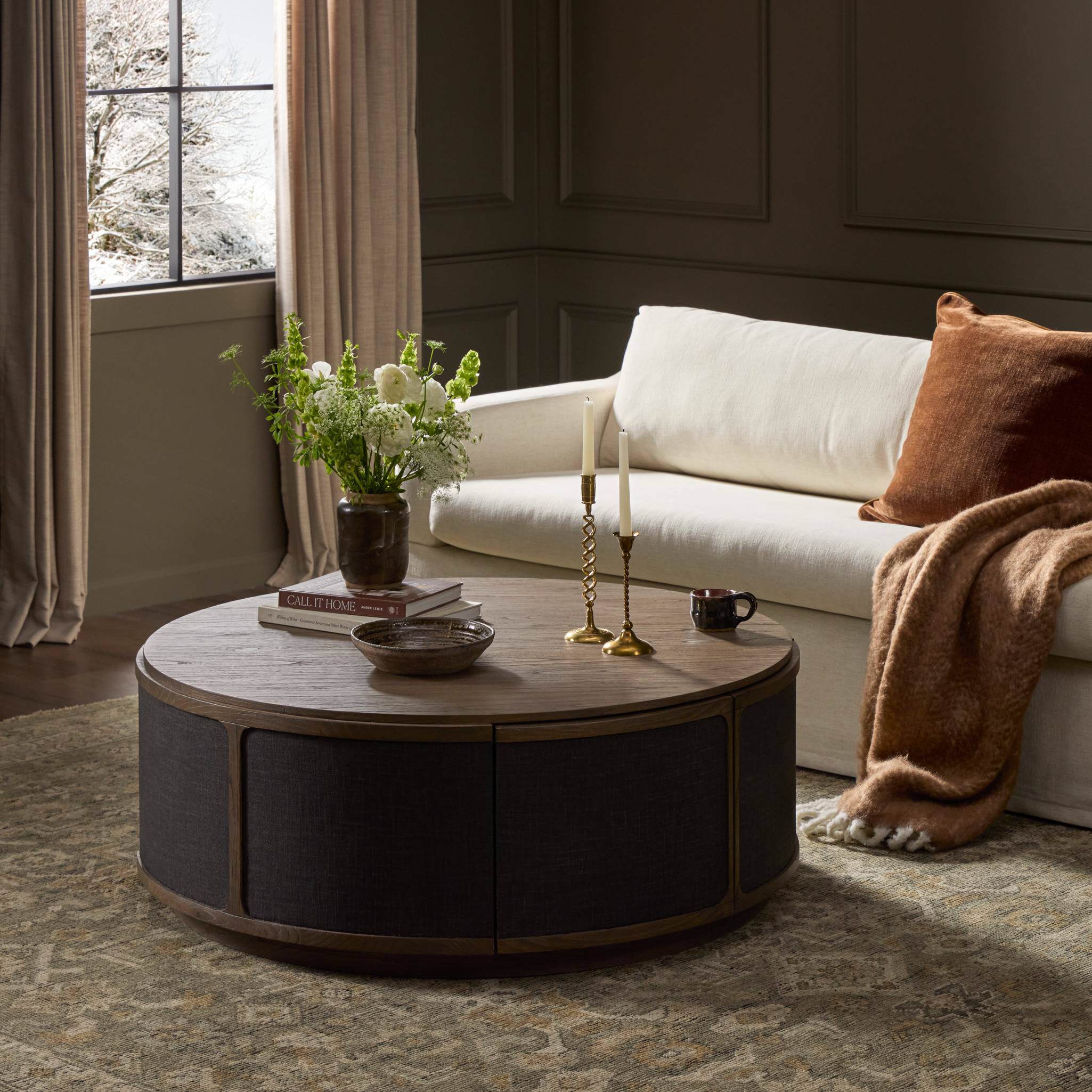 Four Hands Bertie Coffee Table Stained Saddle Brown Sungkai Veneer in living room at Addison West.