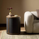 Four Hands Bertie End Table in Stained Saddle Brown Sungkai Veneer in living room at Addison West.