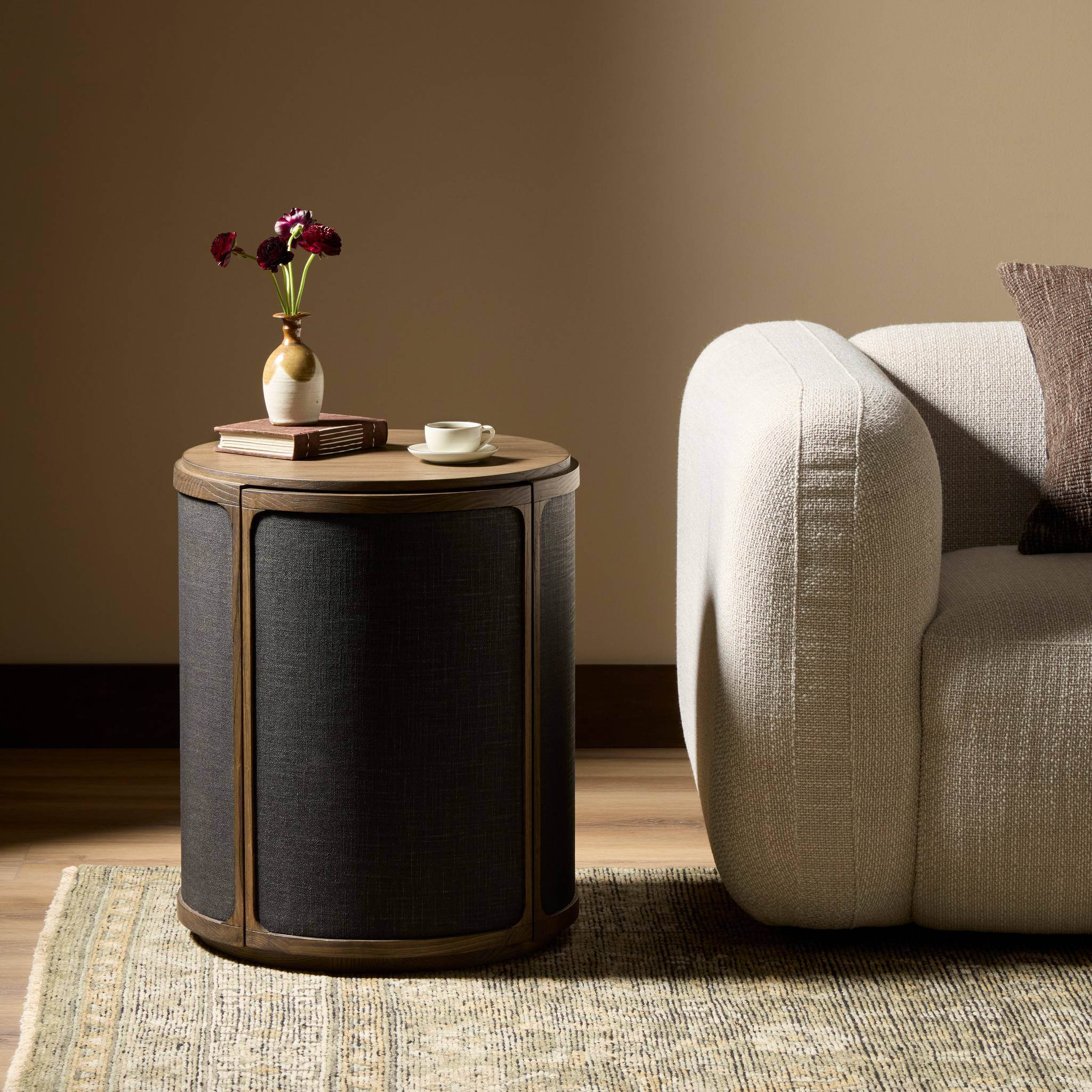 Four Hands Bertie End Table in Stained Saddle Brown Sungkai Veneer in living room at Addison West.