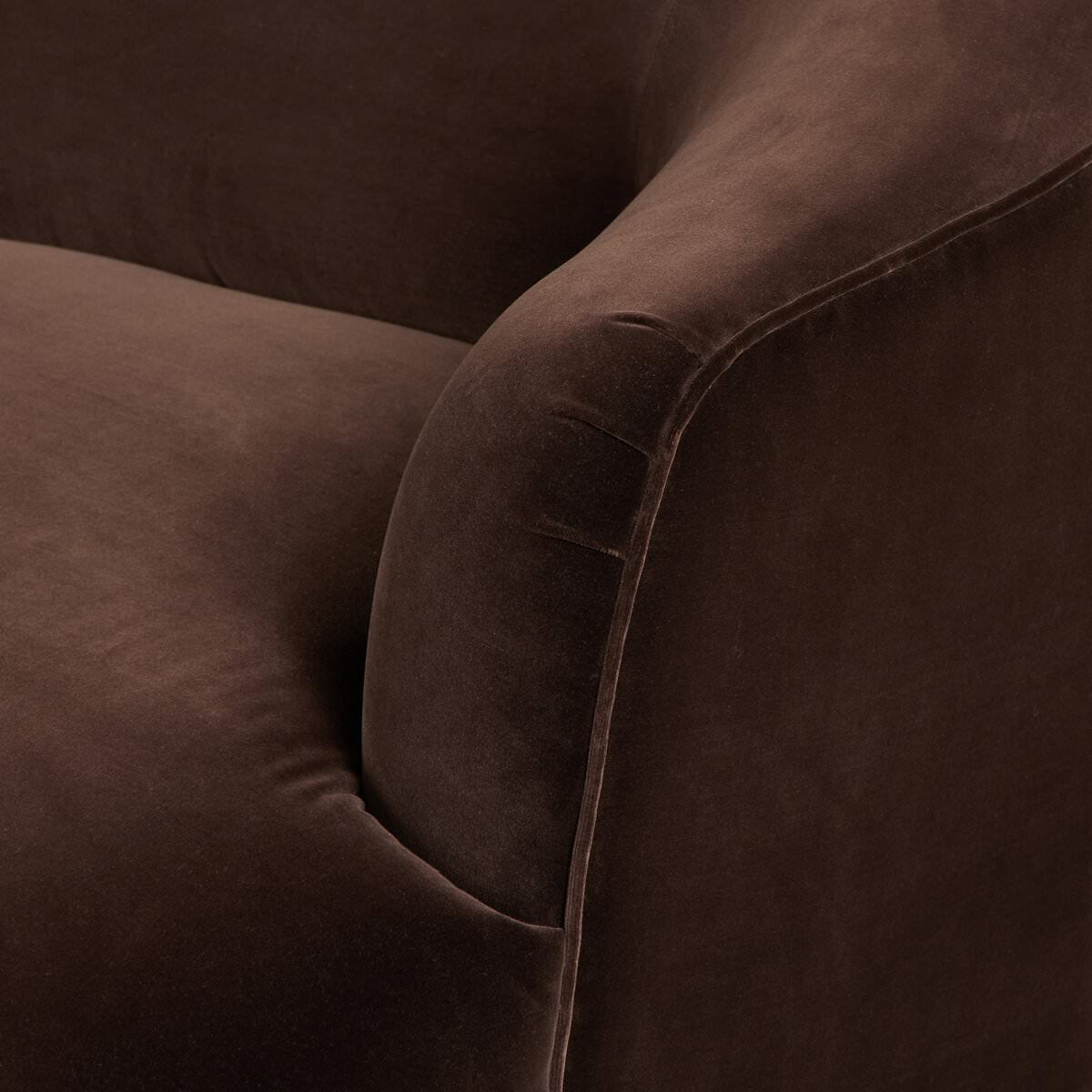 Close up of Four Hands Betina Sofa in Surrey Cocoa on a white background at Addison West