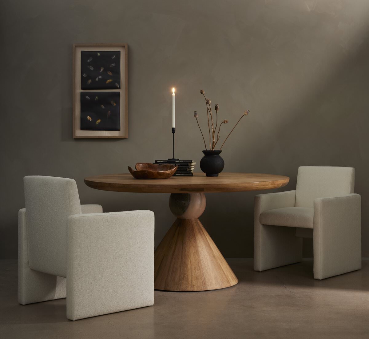 Four Hands Bibianna Round 60" Dining Table in Blush Marble in a modern dining room