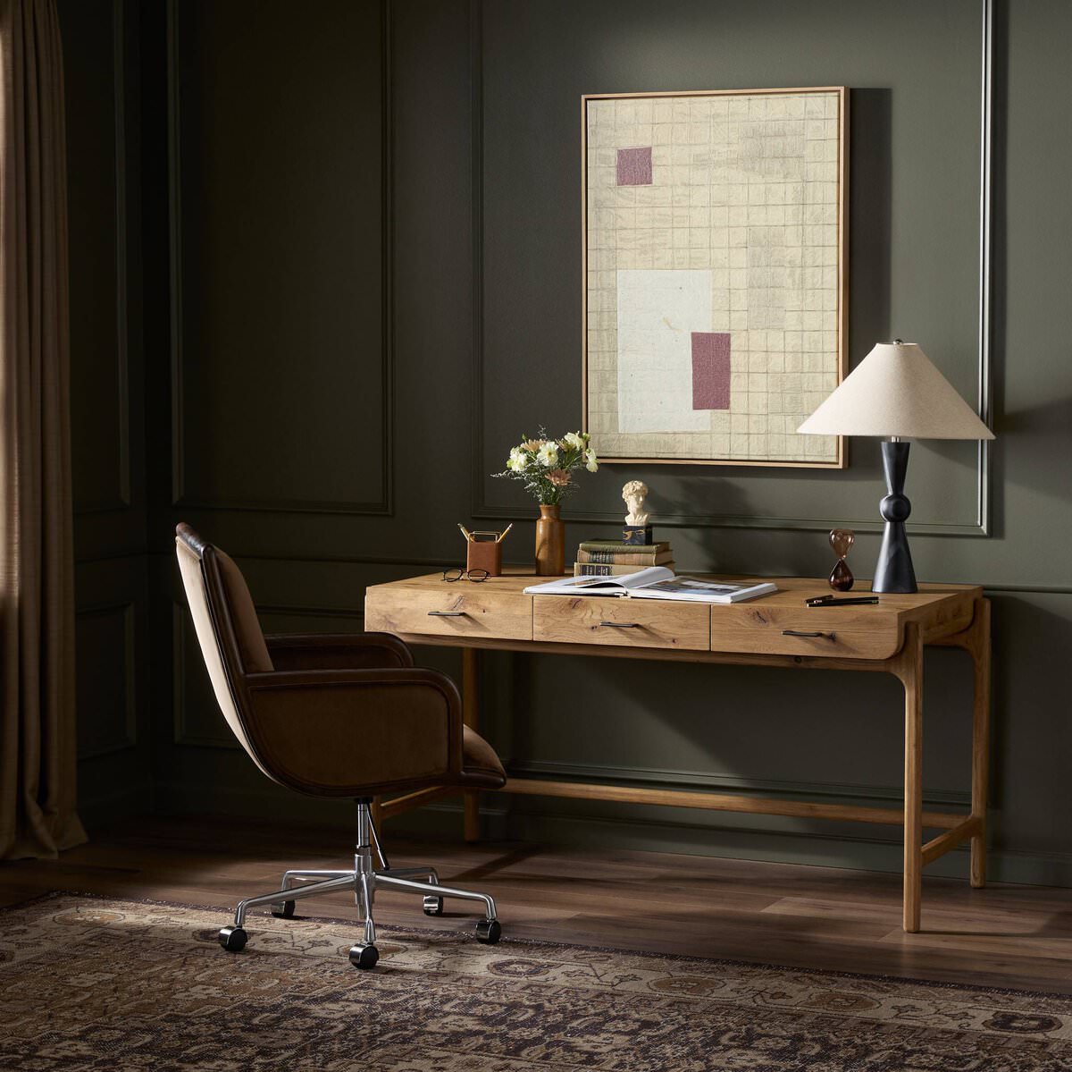Four Hands Bloomfield Desk in Resawn Worn Oak in an office at Addison West