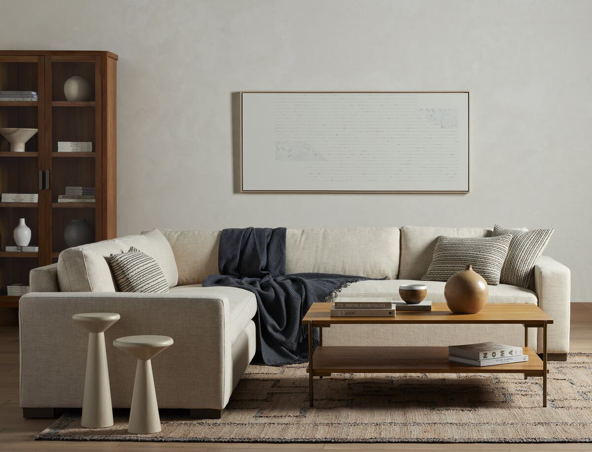 Four Hands Boone Small 3-Piece Sectional in Thames Cream in a neutral living room