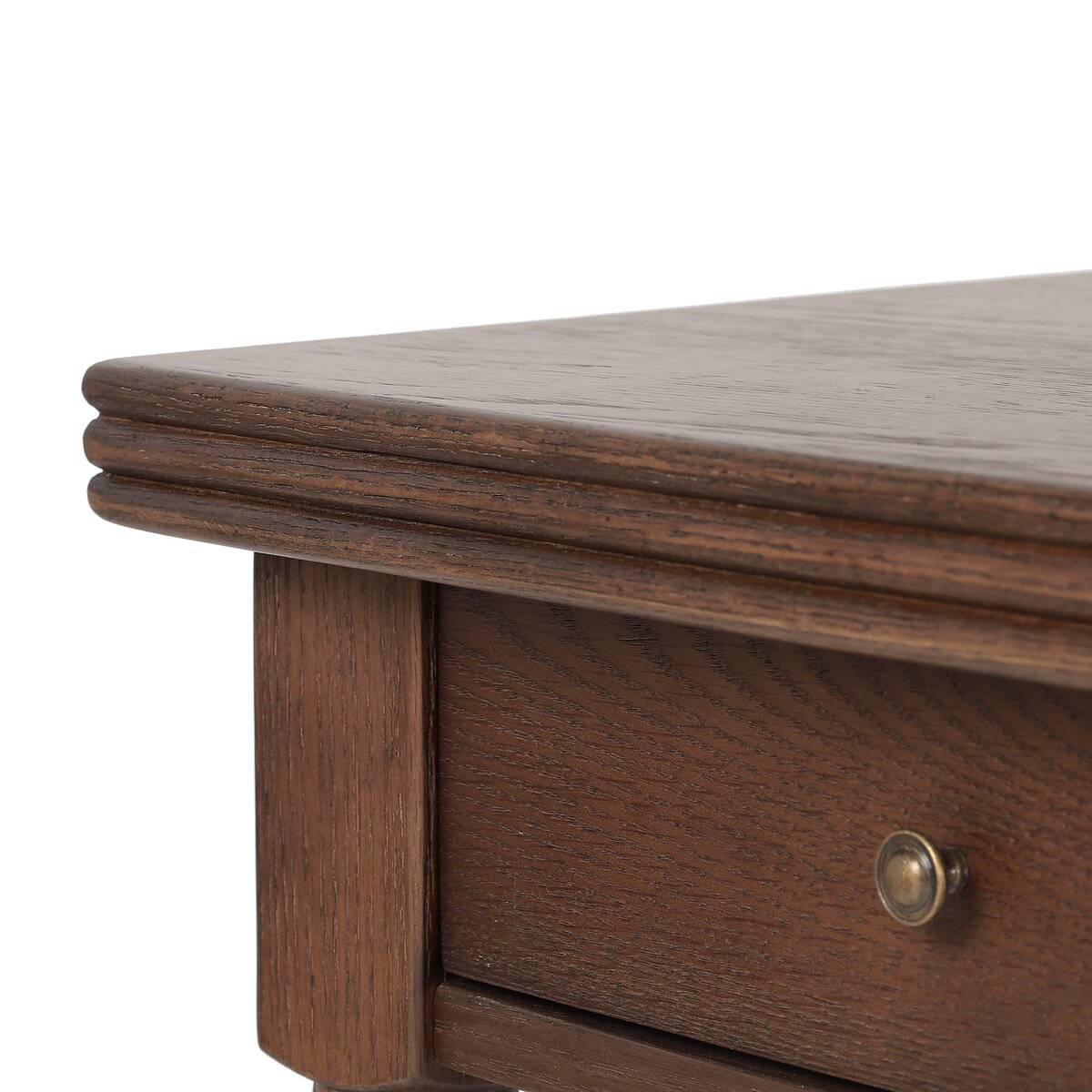 Close up of Four Hands Bowfront Desk in Drifted Oak Veneer on a white background at Addison West