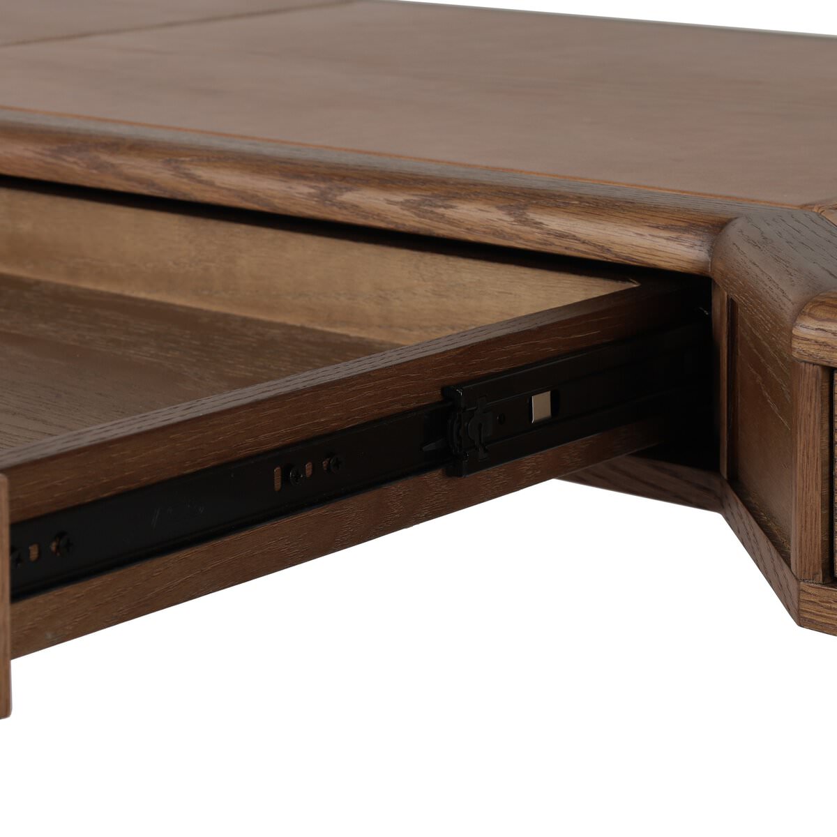 Close up of Four Hands Claude Desk in Tan Oak Veneer on a white background at Addison West