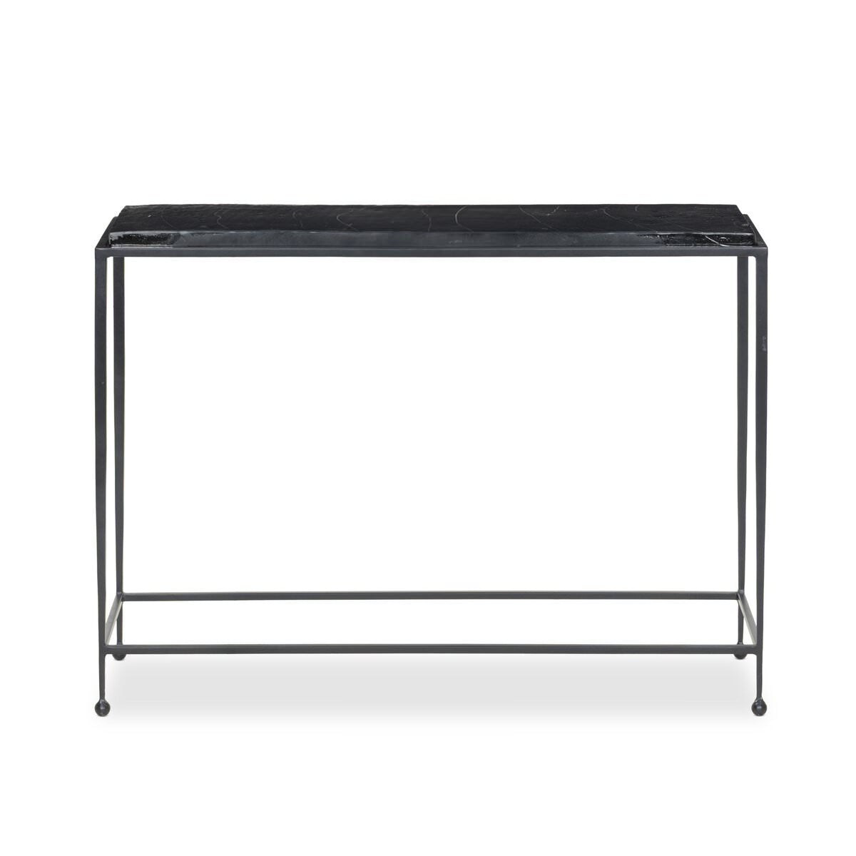 Four Hands Dalston Cast Glass Console Table in Smoked Black Cast Glass on a white background at Addison West