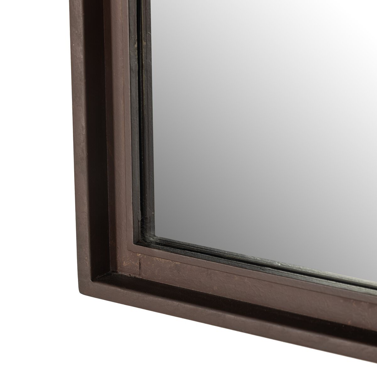 Close up of Four Hands Effie Mirror in Rustic Iron on a white background at Addison West