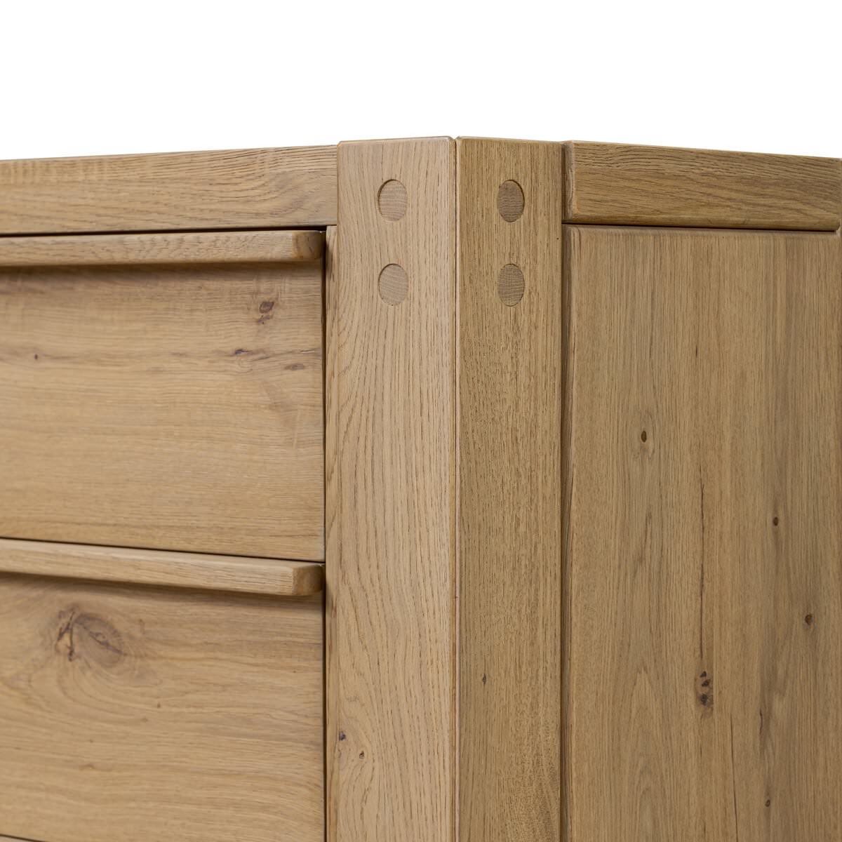 Close up of Four Hands Emmer 6 Drawer Dresser in Aged Smoked Oak Veneer on a white background at Addison West