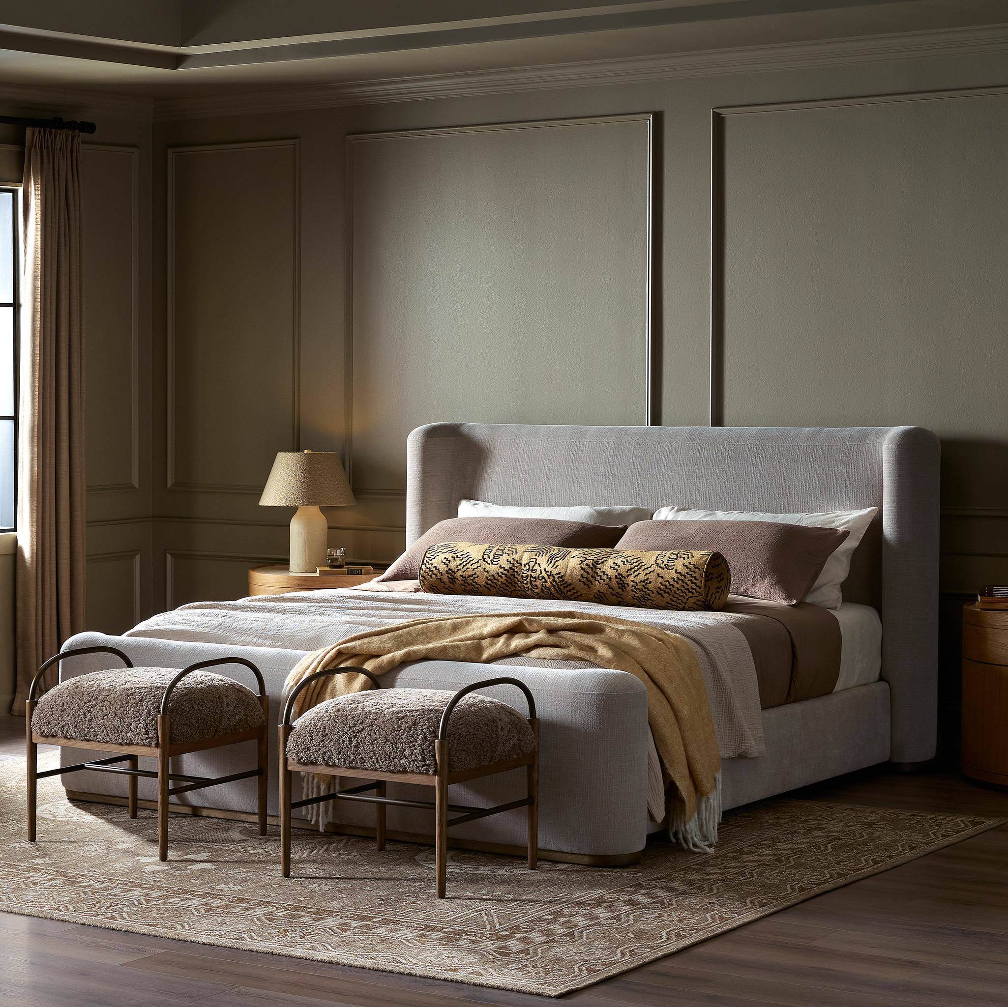 Four Hands Fane Bed in Crypton Holland Sand, Queen in bedroom at Addison West.