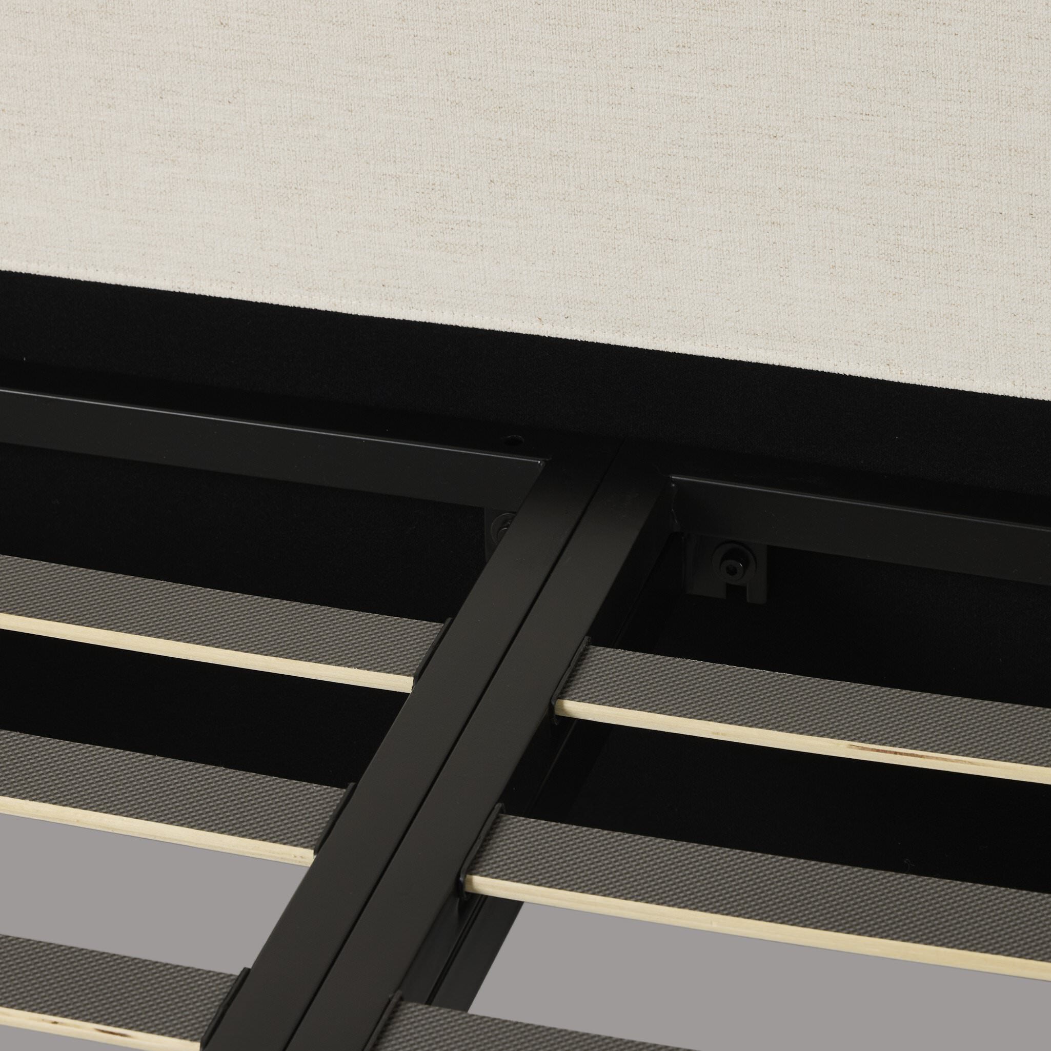 Close up of the Four Hands Fane Bed in Crypton Nomad Snow, Queen on white background at Addison West.