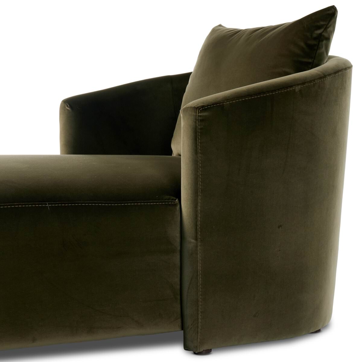 Close up of Four Hands Farrah Chaise Lounge in Surrey Olive on a white background at Addison West