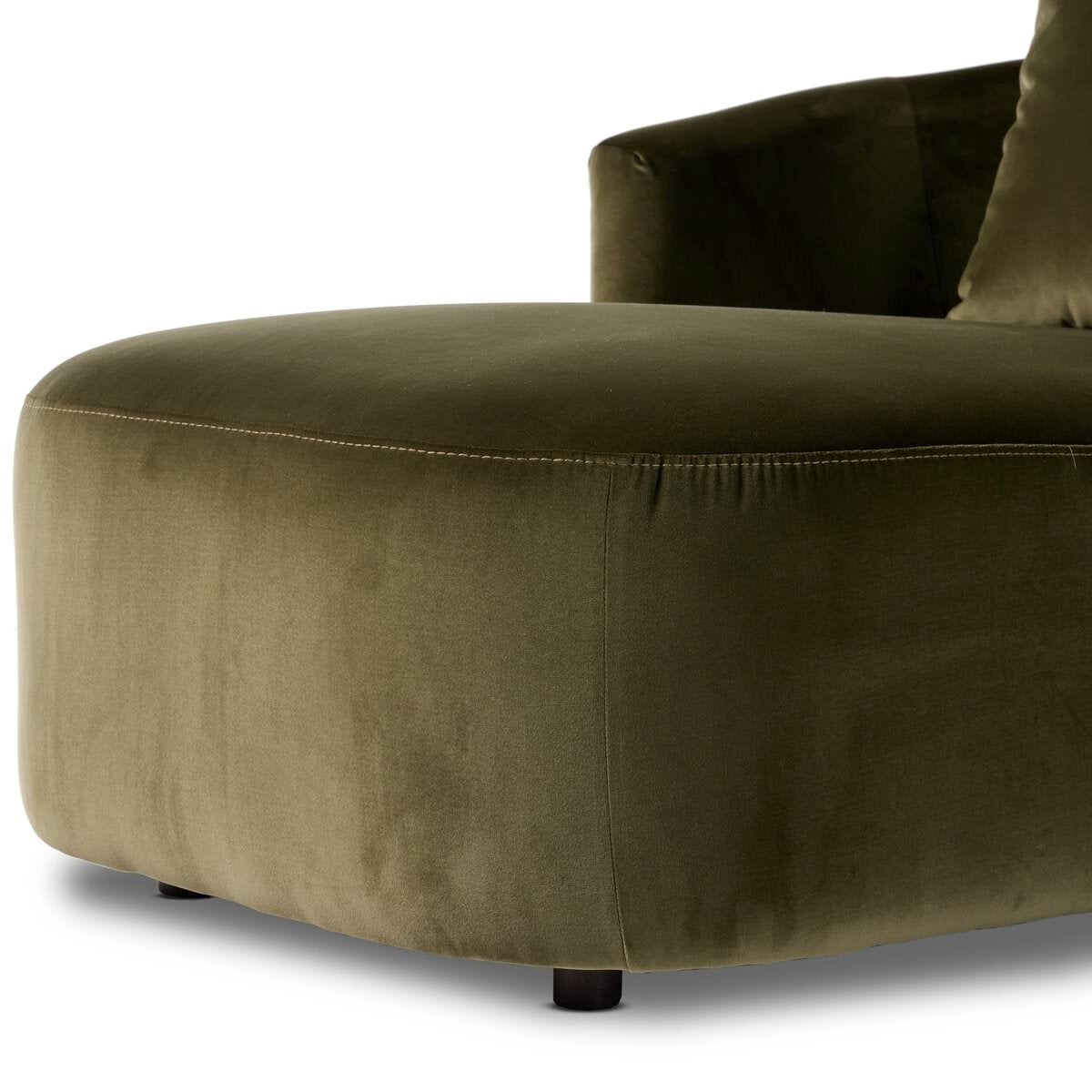 Close up of Four Hands Farrah Chaise Lounge in Surrey Olive on a white background at Addison West