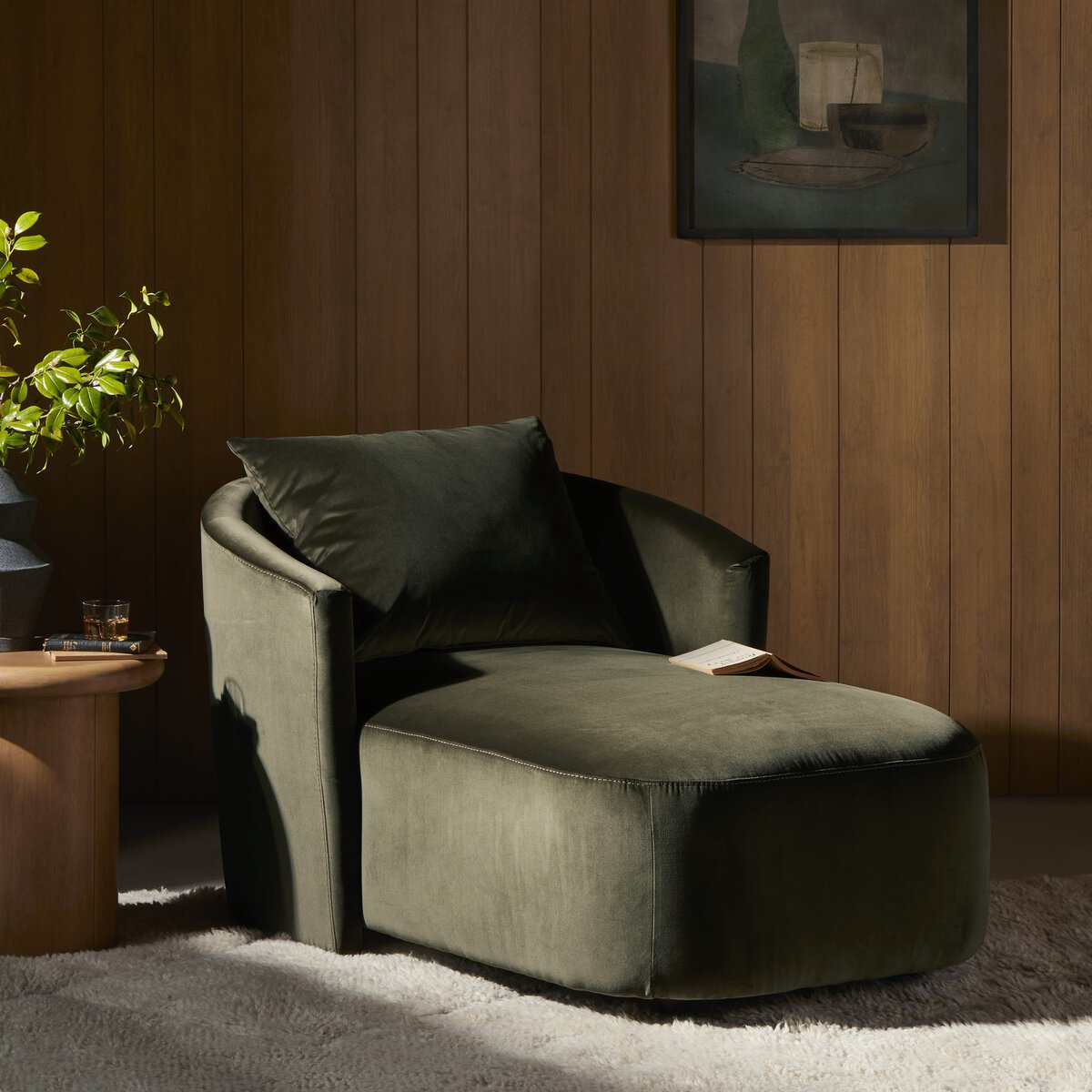 Four Hands Farrah Chaise Lounge in Surrey Olive in a living room at Addison West