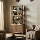 Four Hands Glenview Bookcase in Weathered Oak in a modern neutral living room