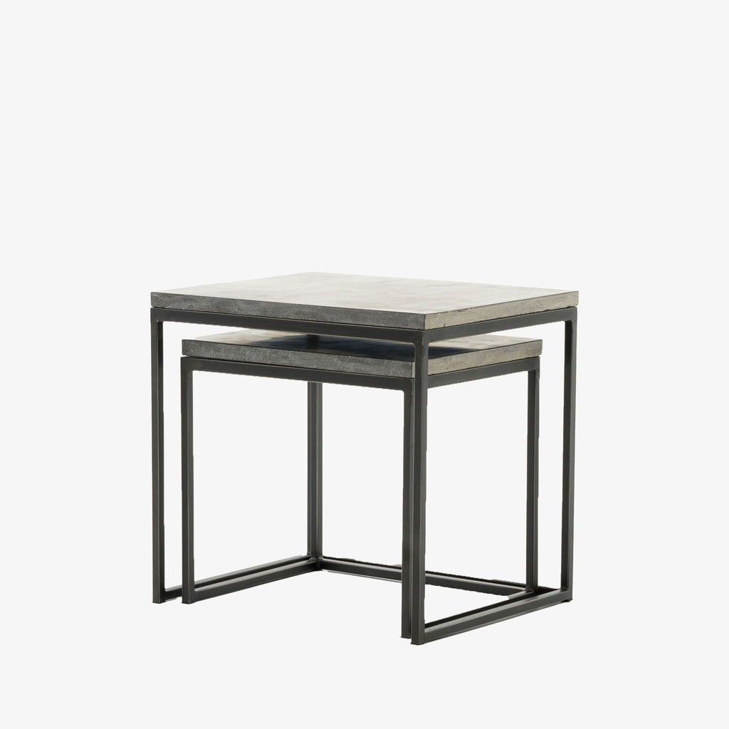 Four Hands furniture brand concrete and black steel Harlow Nesting End Tables on a white background