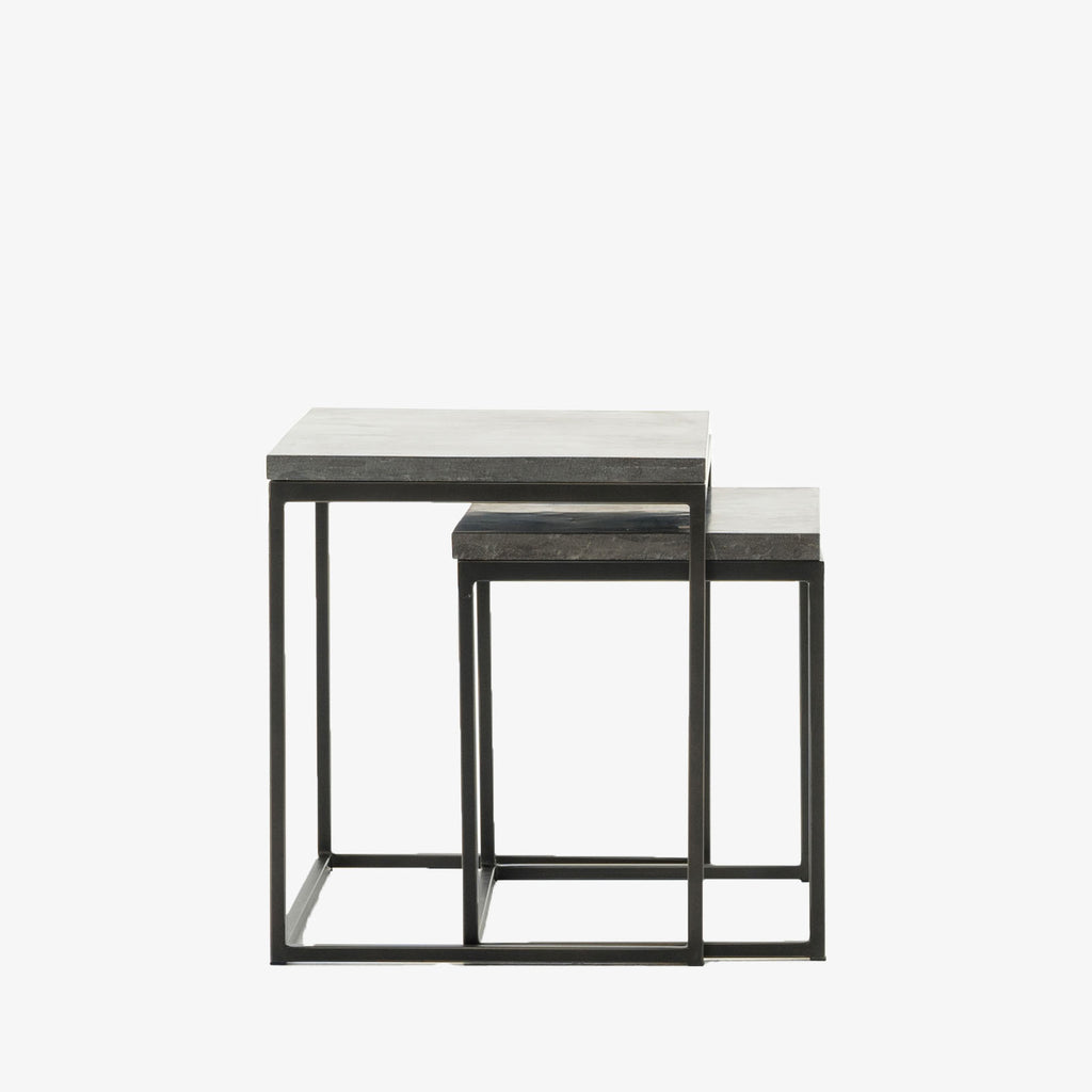 Four Hands furniture brand concrete and black steel Harlow Nesting End Tables on a white background