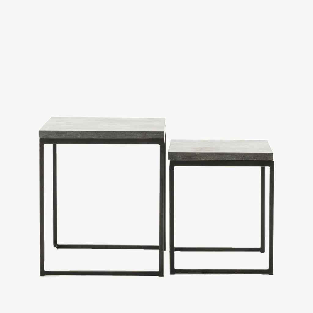 Four Hands furniture brand concrete and black steel Harlow Nesting End Tables on a white background