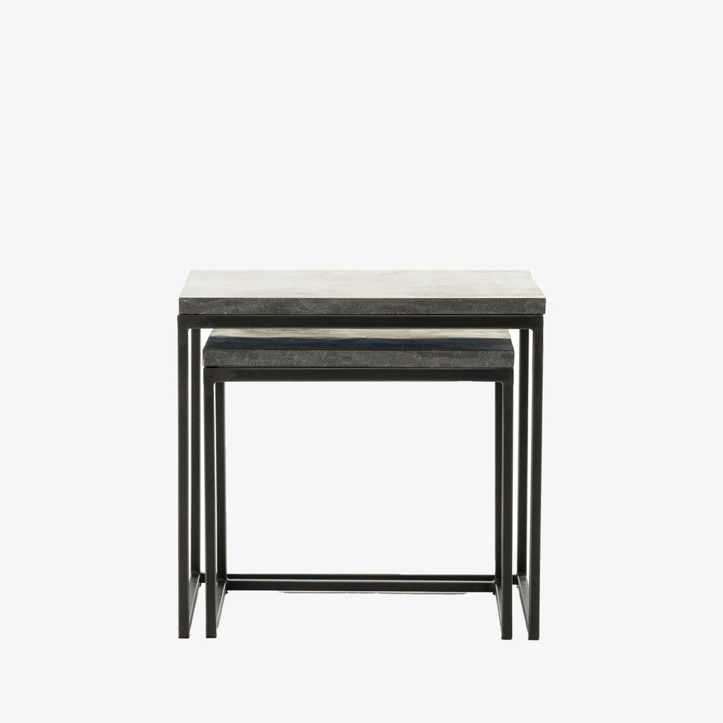 Four Hands furniture brand concrete and black steel Harlow Nesting End Tables on a white background