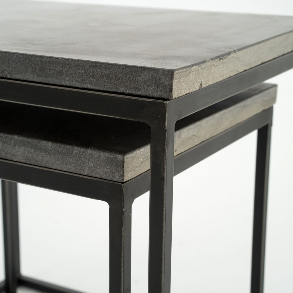 Four Hands furniture brand concrete and black steel Harlow Nesting End Tables on a white background
