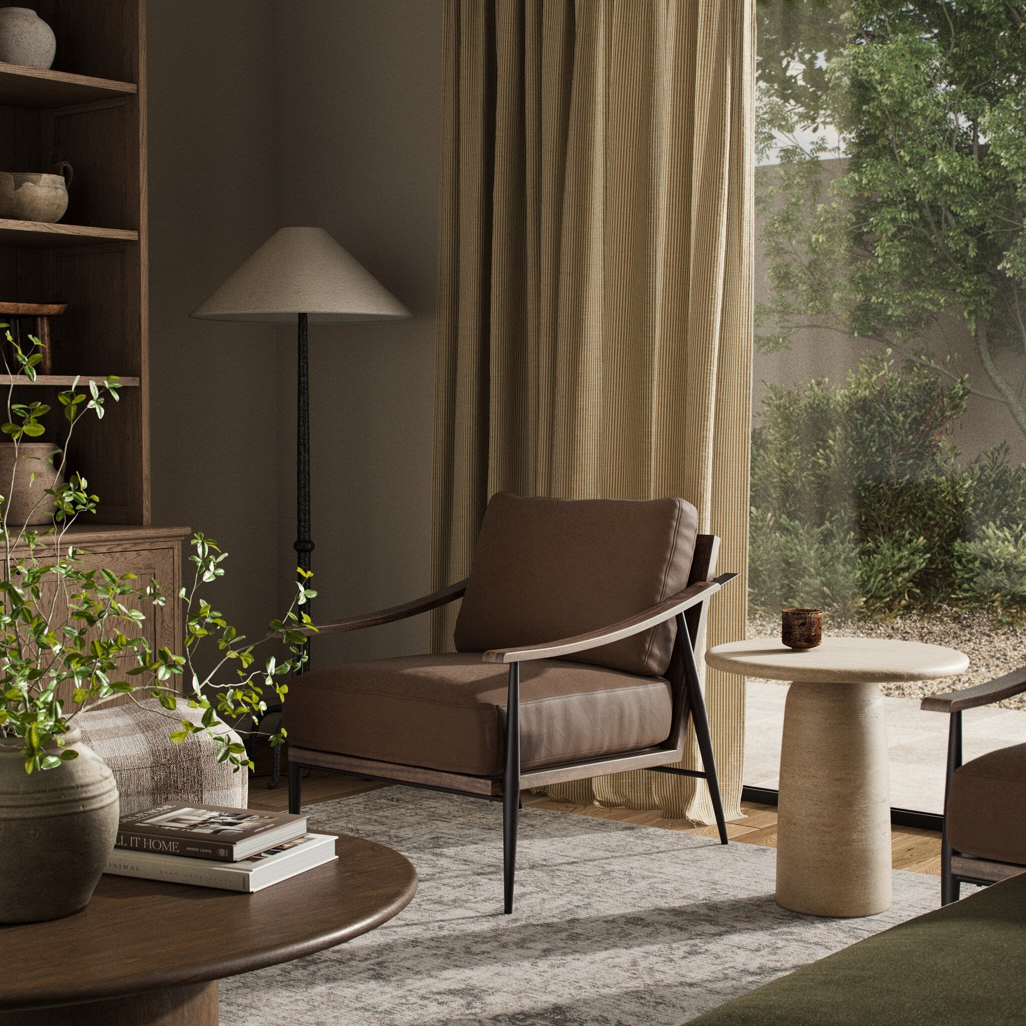 Four Hands Kennedy Chair in Maestro Cigar in living room at Addison West.