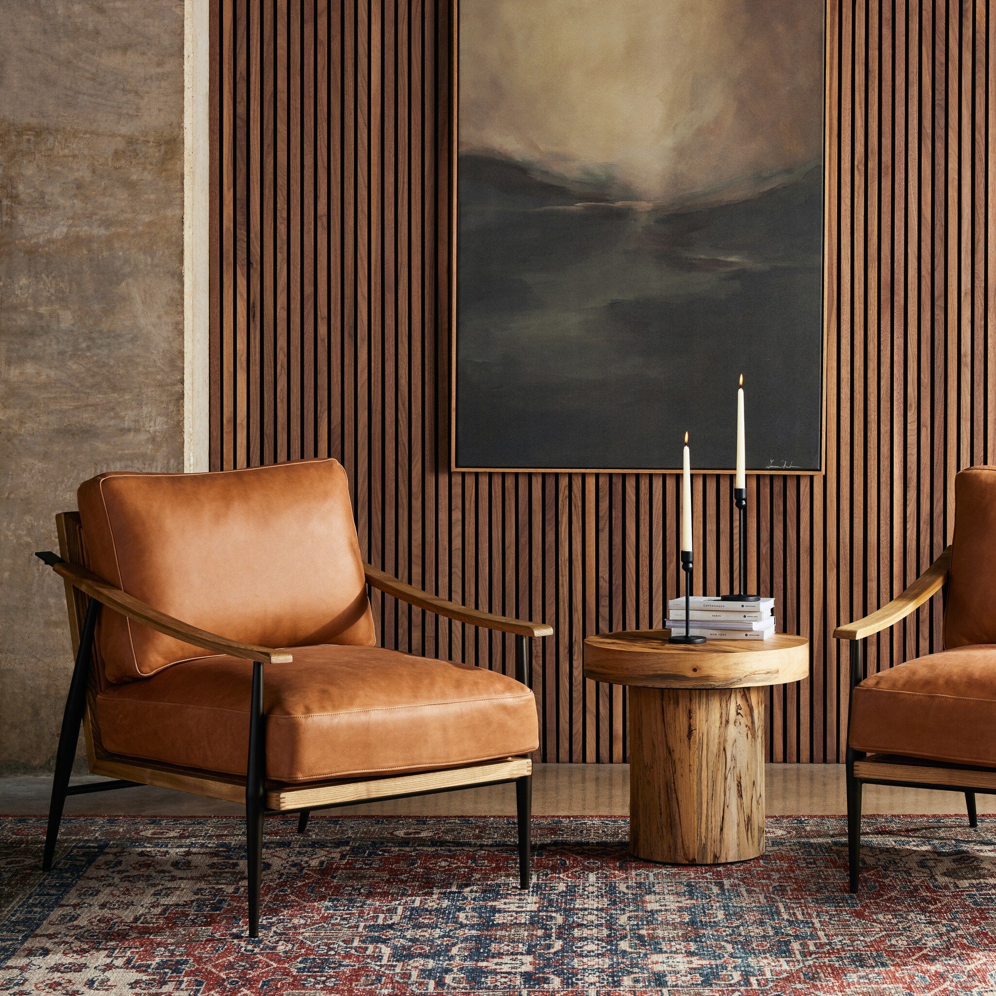 Four Hands Kennedy Chair in Palermo Cognac in living room at Addison West.