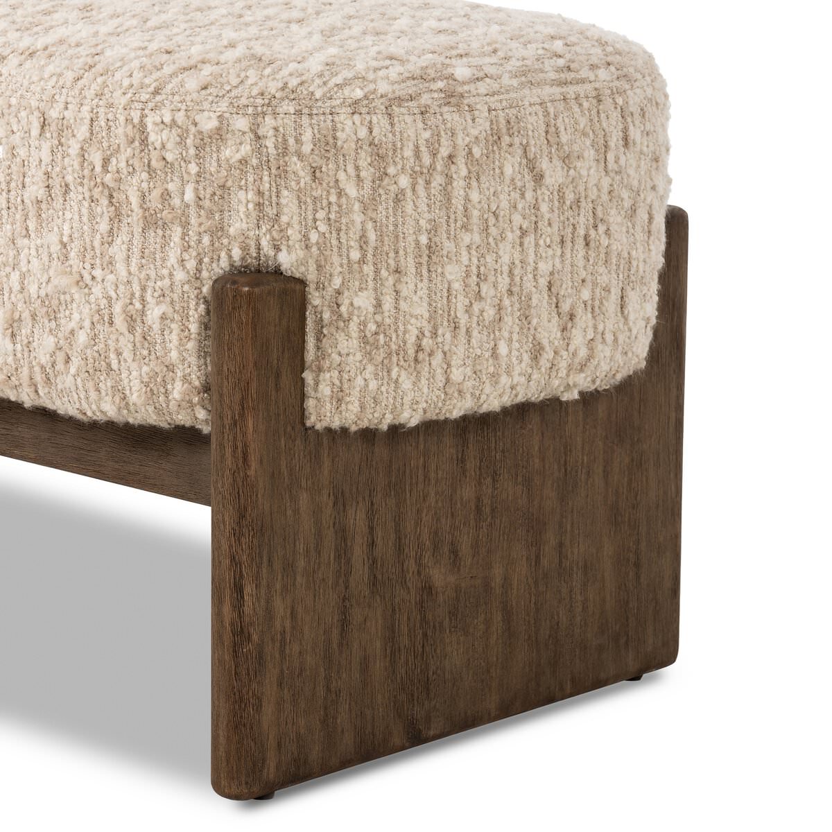 Close up of Four Hands Kirby Accent Bench in Solema Cream on a white background at Addison West