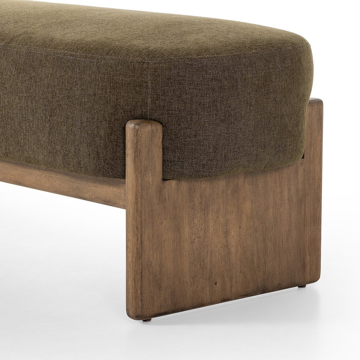 Close up of Four Hands Kirby Accent Bench in Sutton Olive on a white background at Addison West