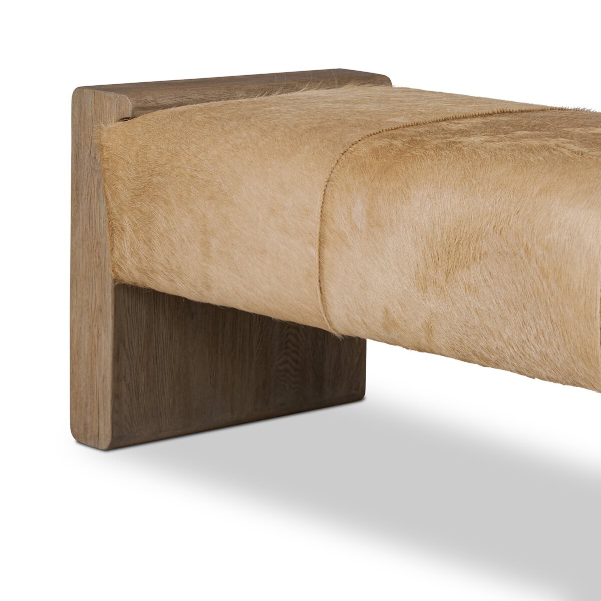 Close up of Four Hands Knox Accent Bench in Light Hair on Hide on a white background at Addison West