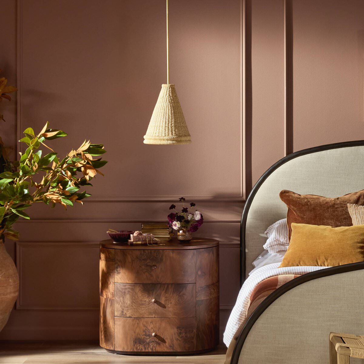Four Hands Large Riata Pendant in Light Raffia in a bedroom at Addison West