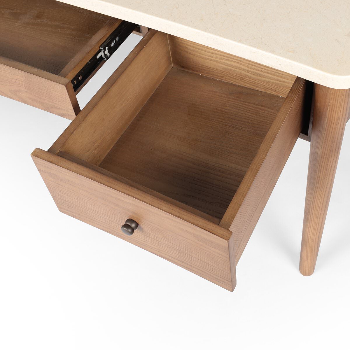 Close up of Four Hands Lorna Desk in Amber Ash Veneer on a white background at Addison West