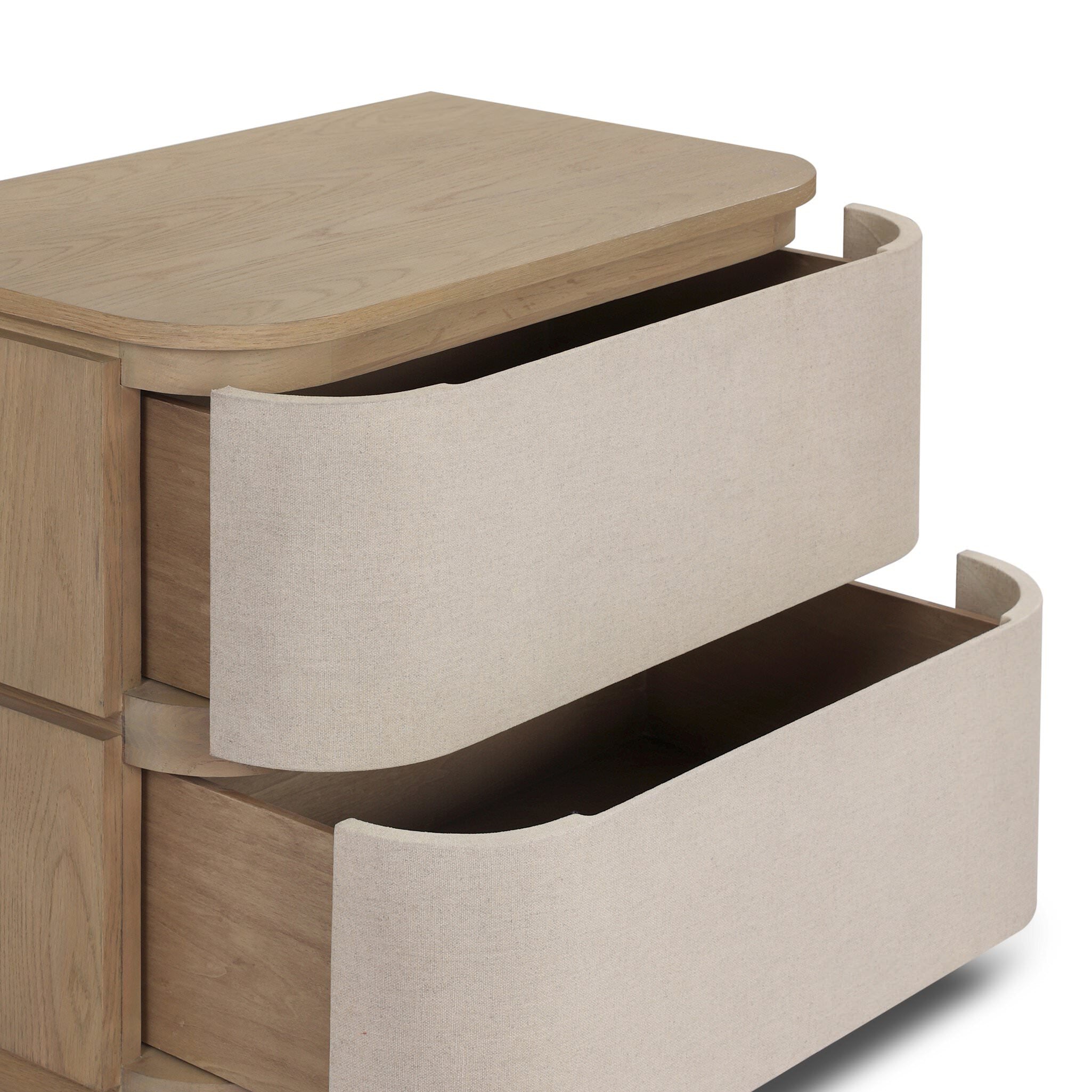 Four Hands Mariella Nightstand in Beige Painted Linen on white background at Addison West.