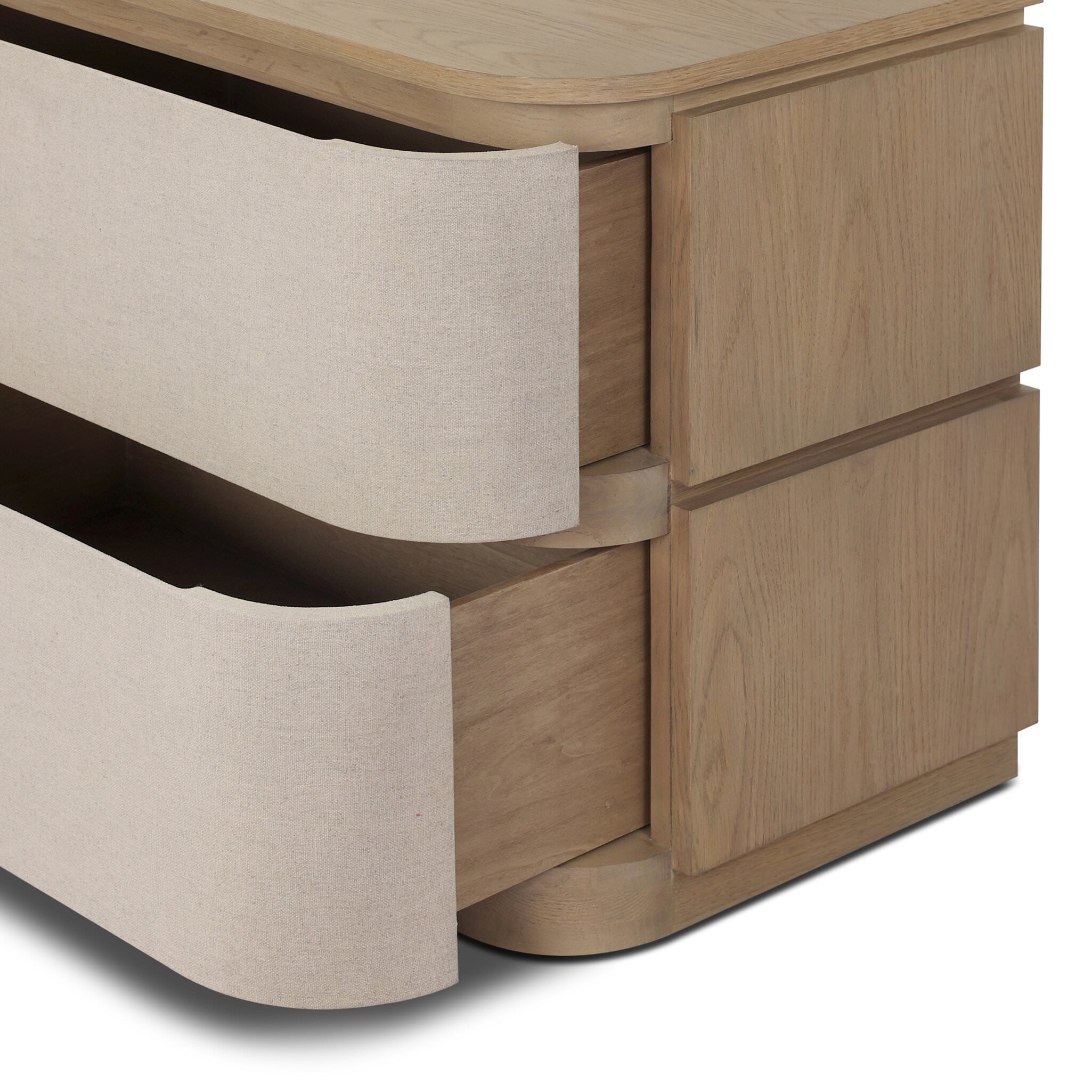 Four Hands Mariella Nightstand in Beige Painted Linen on white background at Addison West.