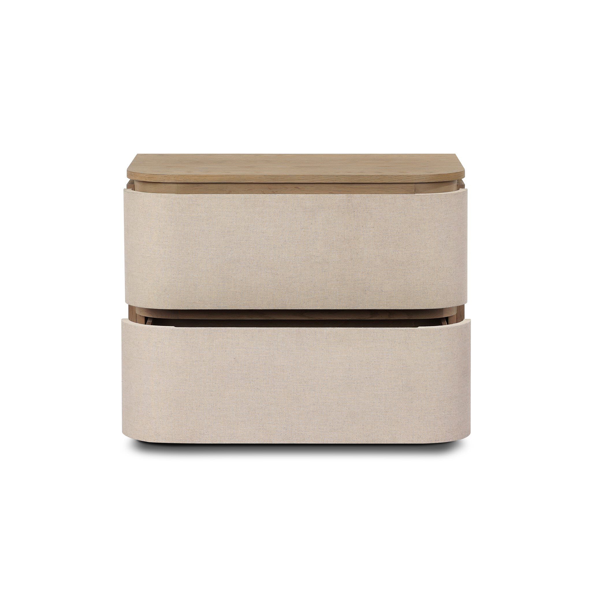 Four Hands Mariella Nightstand in Beige Painted Linen on white background at Addison West.
