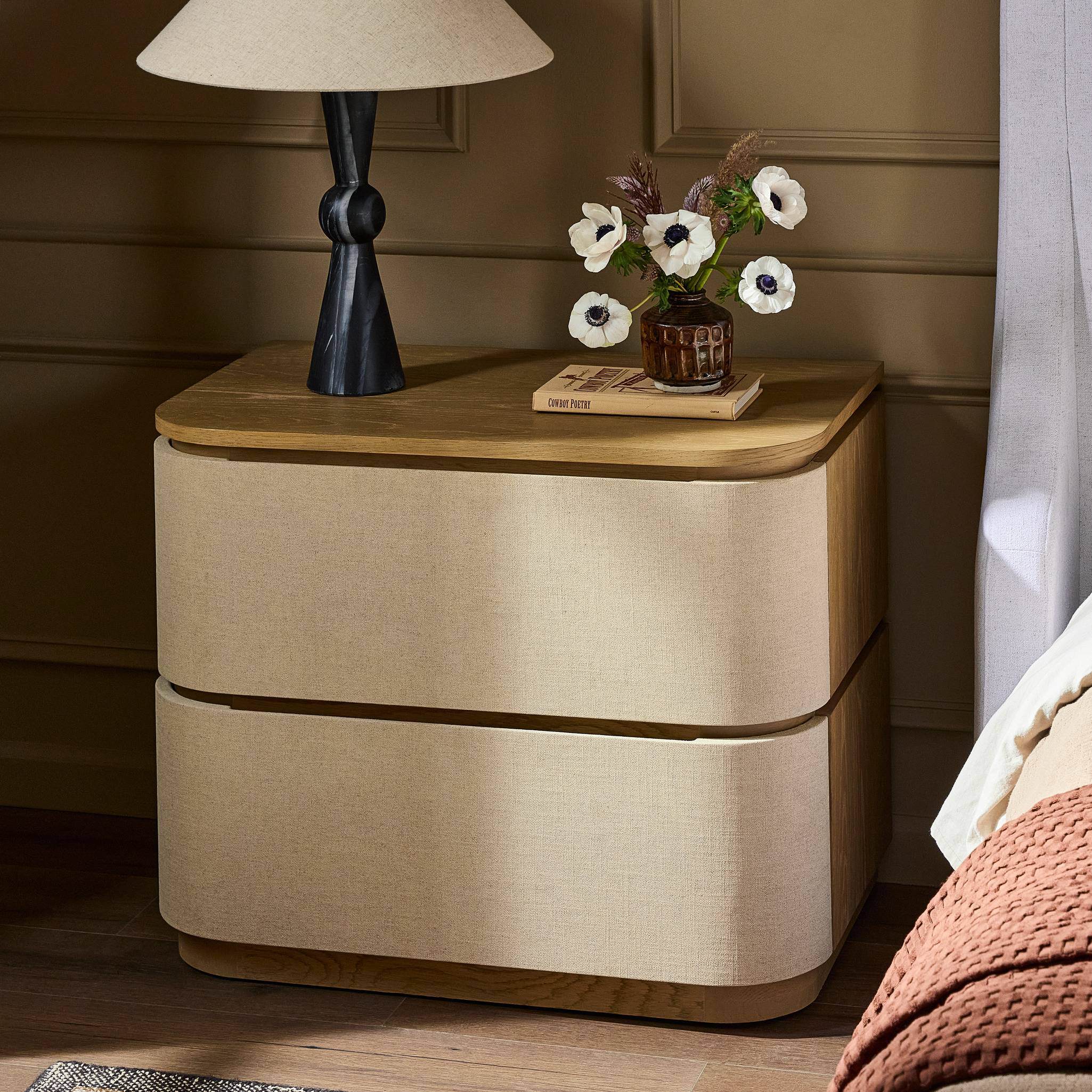 Four Hands Mariella Nightstand in Beige Painted Linen in bedroom at Addison West.