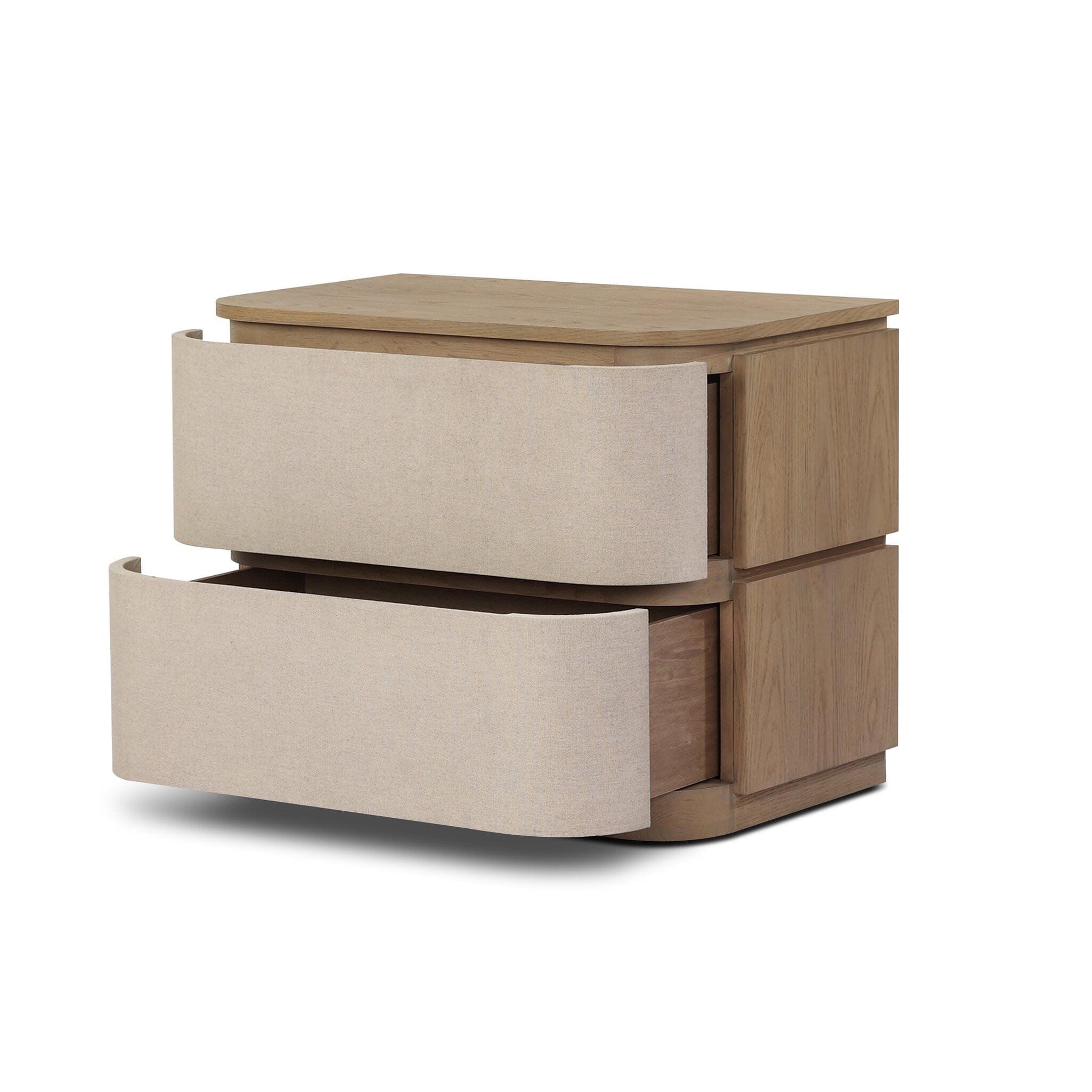 Four Hands Mariella Nightstand in Beige Painted Linen on white background at Addison West.