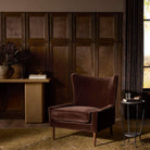 Four Hands Marlow Wing Chair in Monte Chocolate in living room at Addison West.