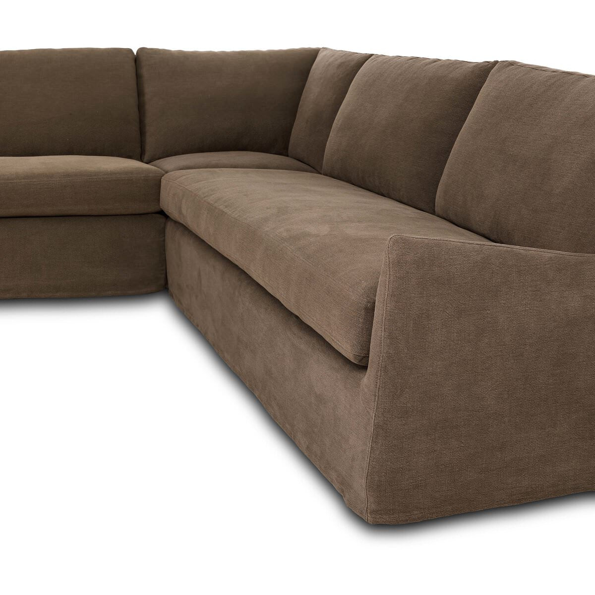 Close up of Four Hands Monette 3Pc Sectional in Broadway Coffee on a white background at Addison West