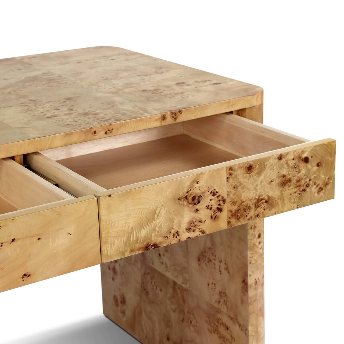 Close up of Four Hands Mullins Desk in Natural Mappa Burl on a white background at Addison West