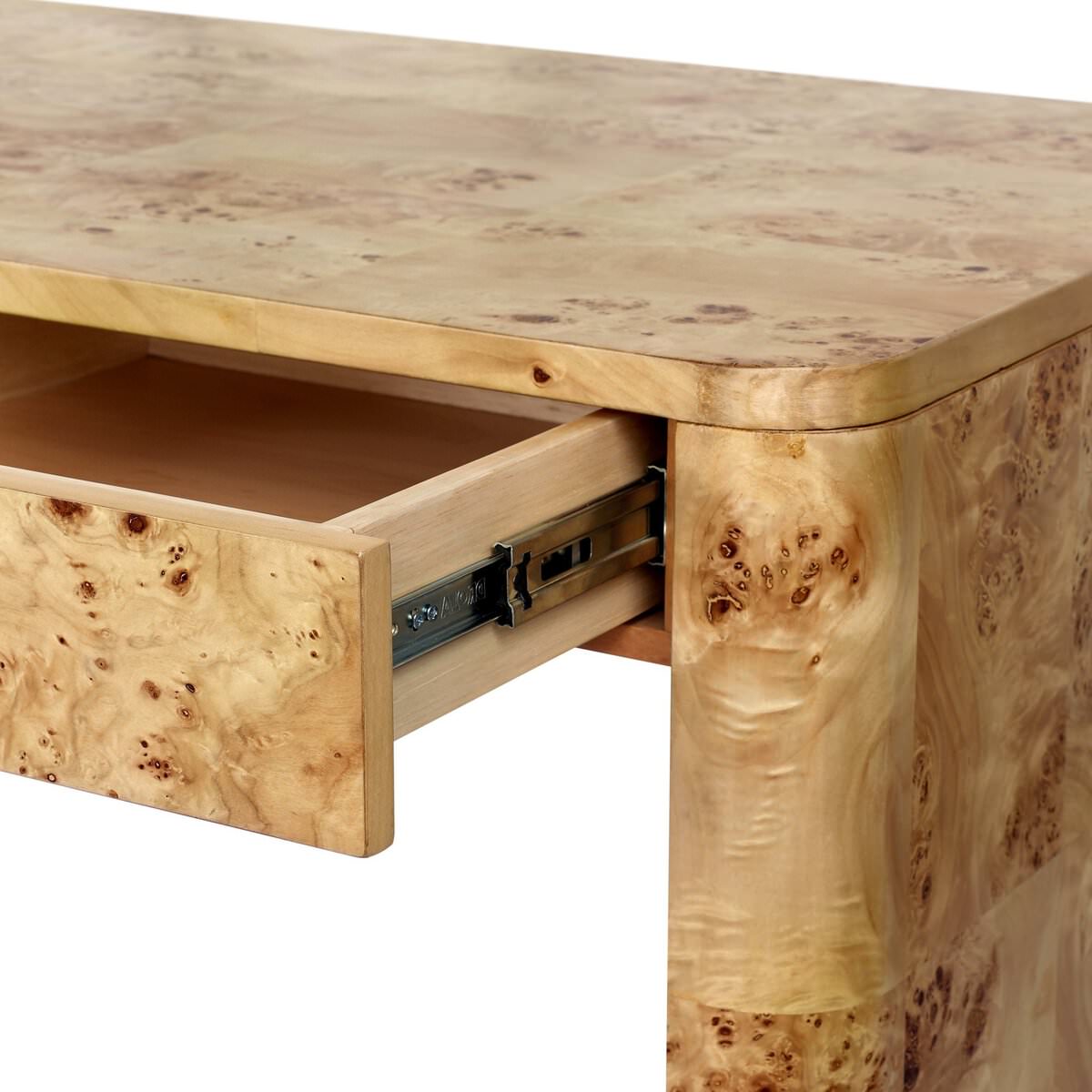 Close up of Four Hands Mullins Desk in Natural Mappa Burl on a white background at Addison West