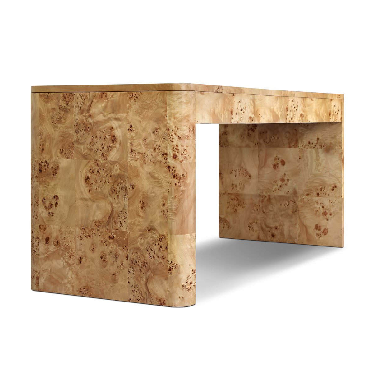 Four Hands Mullins Desk in Natural Mappa Burl on a white background at Addison West