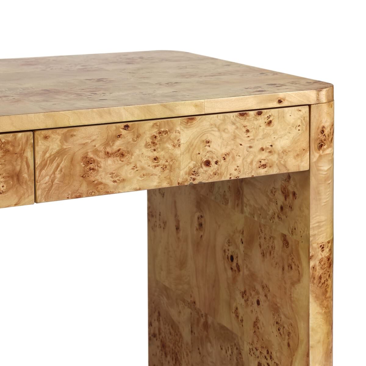 Close up of Four Hands Mullins Desk in Natural Mappa Burl on a white background at Addison West