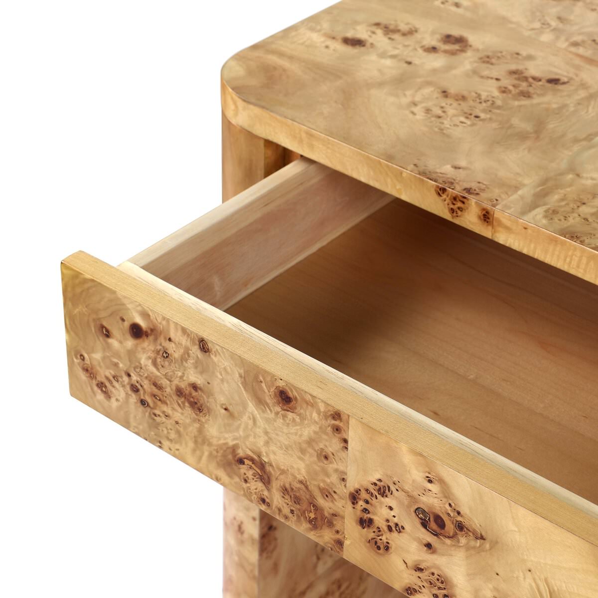 Close up of Four Hands Mullins Desk in Natural Mappa Burl on a white background at Addison West