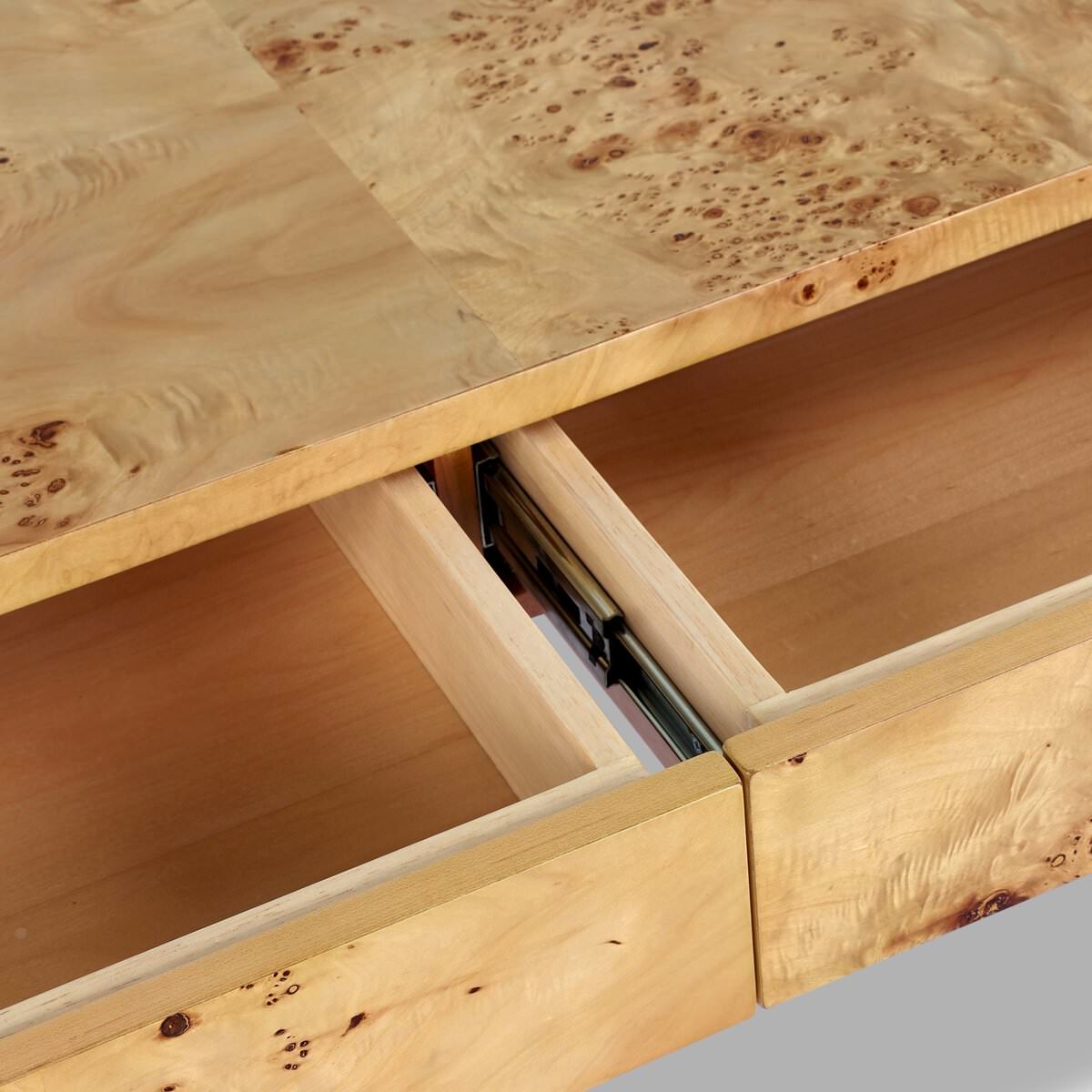 Close up of Four Hands Mullins Desk in Natural Mappa Burl on a white background at Addison West
